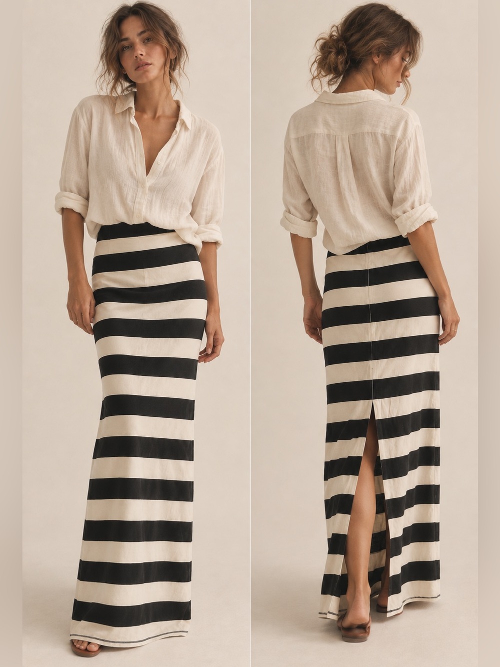 Free People Black & Cream Striped Cotton Maxi Skirt Size S Boho Coastal